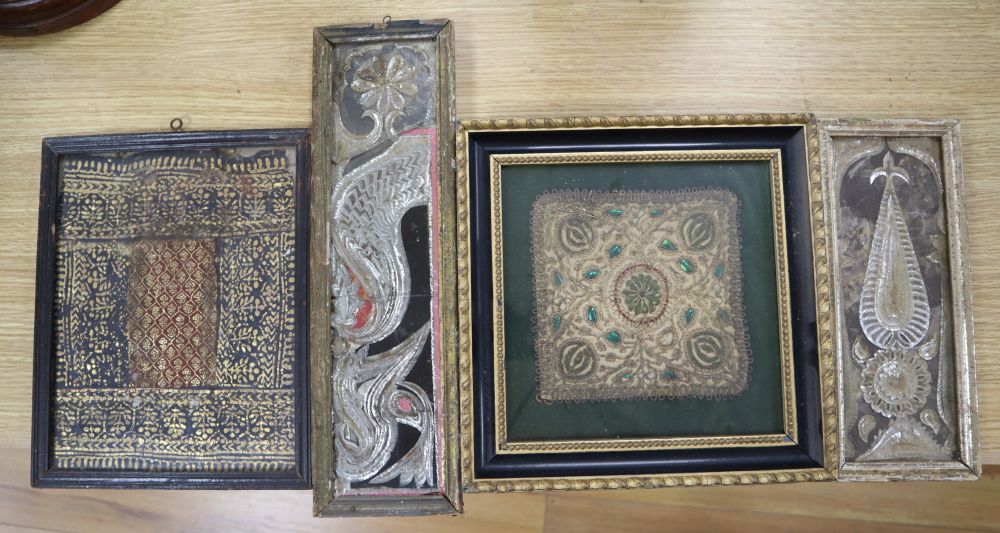 Two Indian mica panels, a silk thread panel and another, largest 33 x 8cm